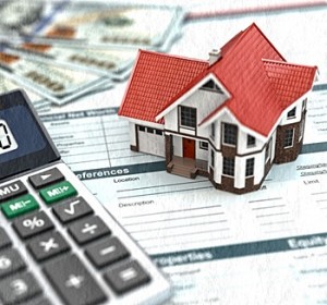 Mortgage calculator. House, noney and document. 3d